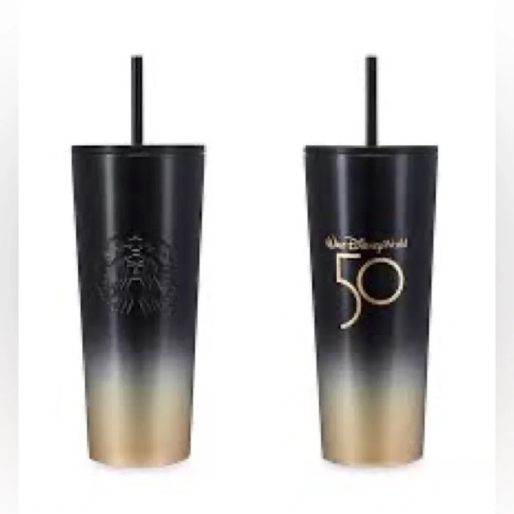 Walt Disney Workd 50th Anniversary Starbucks Black and Gold Tumbler